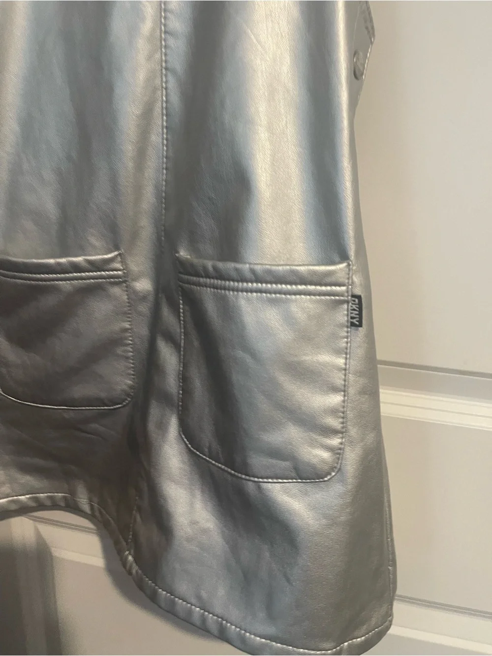 DKNY Girls' 10 Metallic Silver Faux-Leather Pinafore Dress 2 Front Pockets